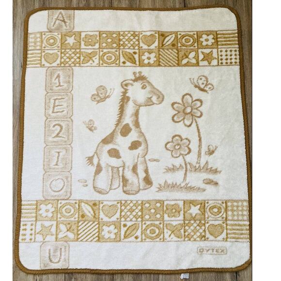 Vtg Plush Baby Blanket Giraffe ABC Neutral Tan Natural Thick Soft Trim Butterfly - Picture 2 of 12